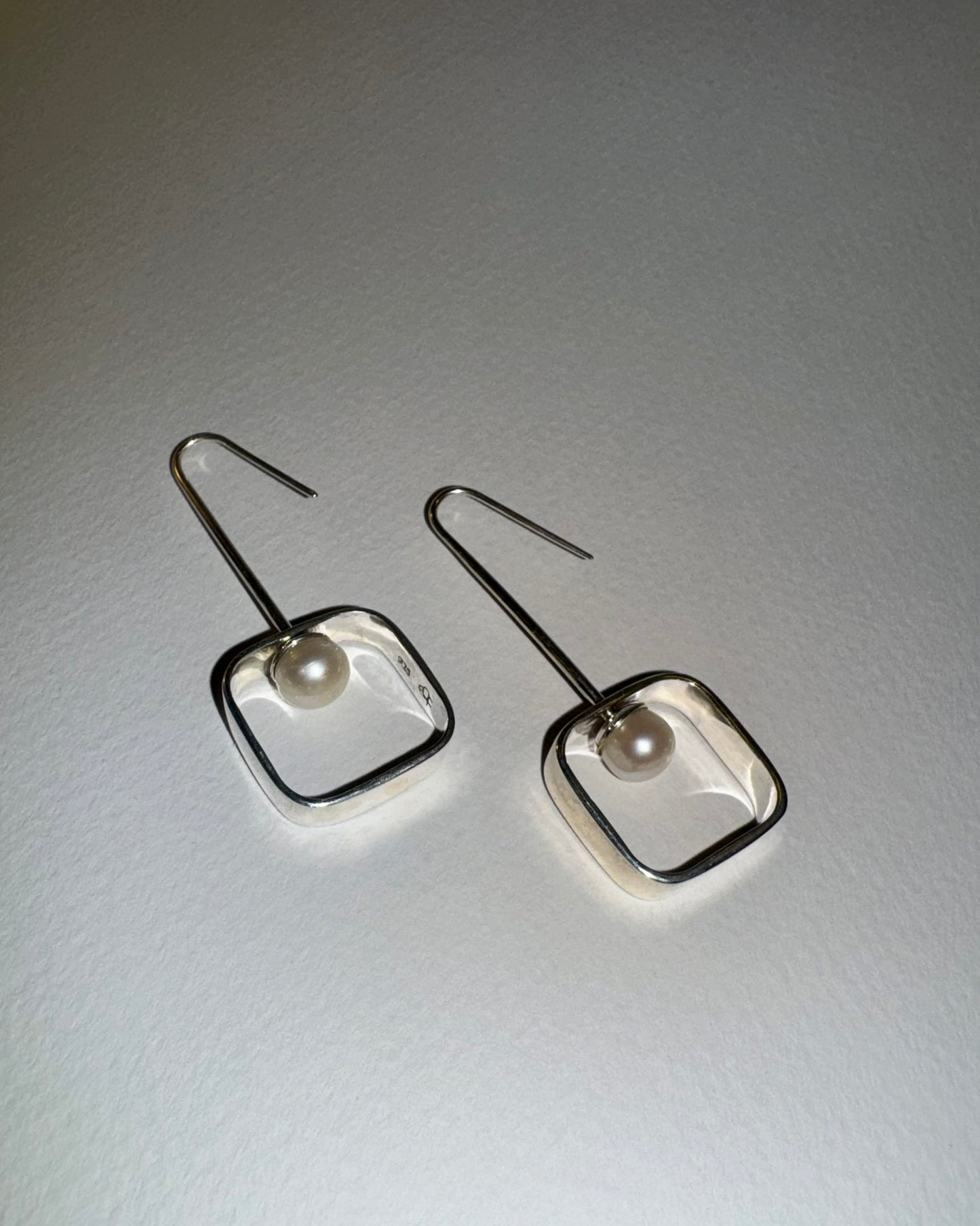 Articulating Earrings - White Pearl, Soft Square