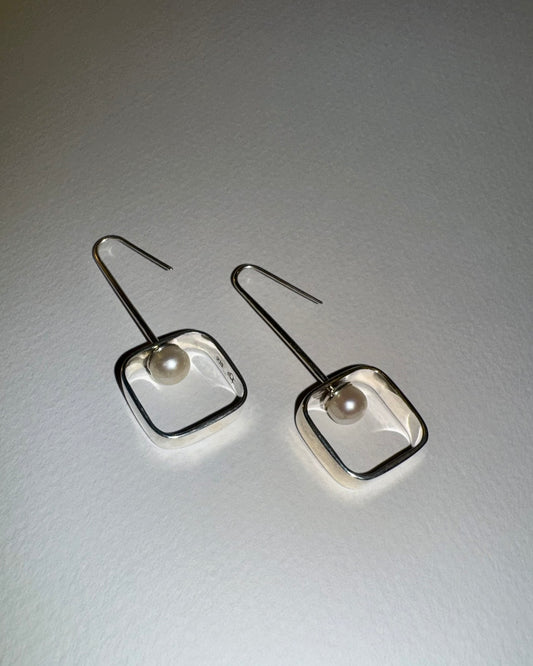 Articulating Earrings - White Pearl, Soft Square